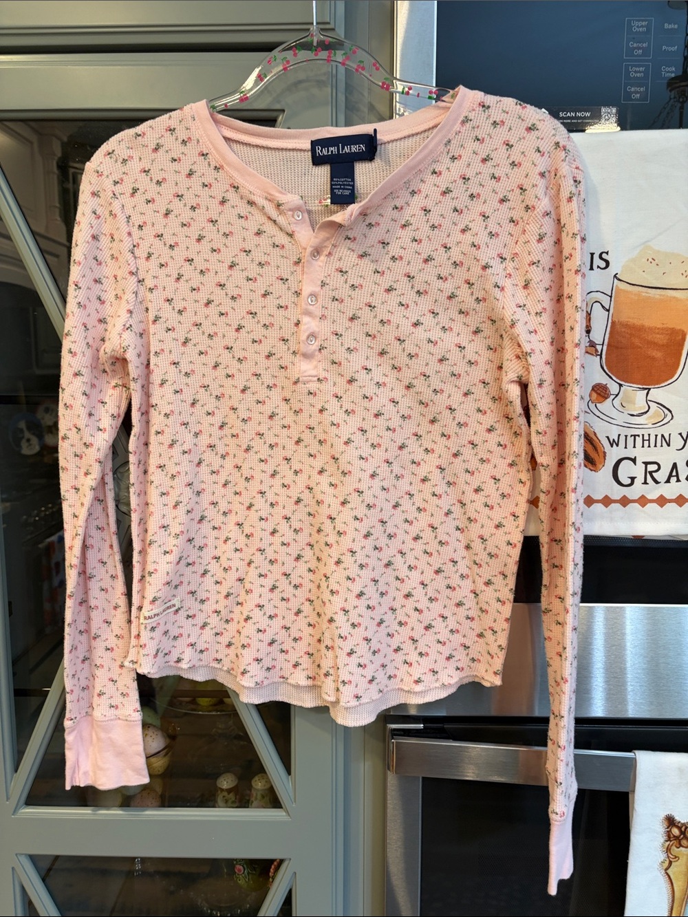 Ralph Lauren Pink Floral Waffle Henley Long Sleeve Top Small